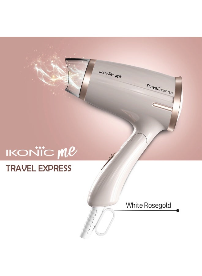 أي كونيك مجفف شعر إيكونيك ترافل إكسبريس قابل للطي، باللون الأبيض والذهبي الوردي، بقدرة 1400 واط، تصميم مدمج وخفيف الوزن، إعدادان قابلان للتعديل للسرعة، تشغيل منخفض الضوضاء، تجفيف سريع، مناسب للسفر، مناسب للرجال والنساء، مناسب لجميع أنواع الشعر - Image 1